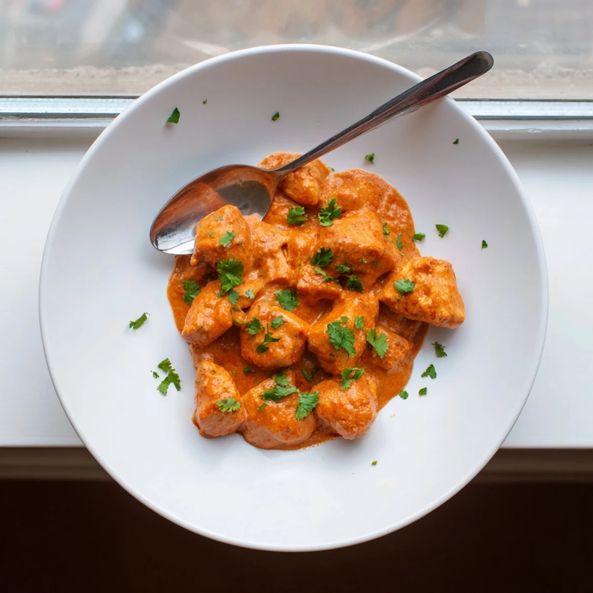 Tender chicken pieces simmered in a creamy orange butter chicken sauce, served with fluffy rice and naan.