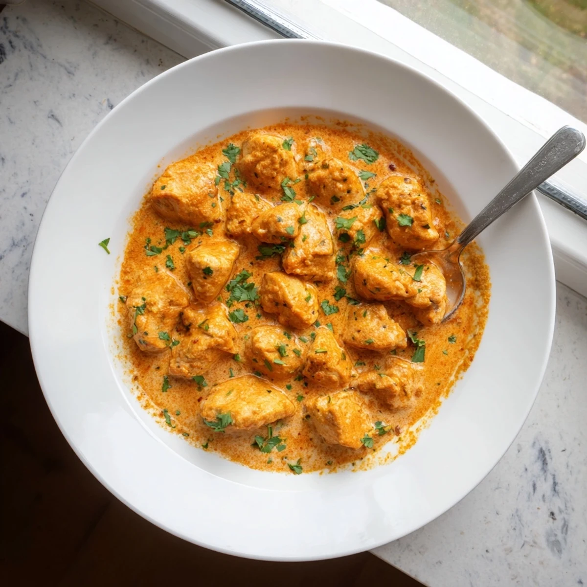 Steaming bowl of homemade butter chicken alongside jasmine rice, perfect for a cozy weeknight dinner.