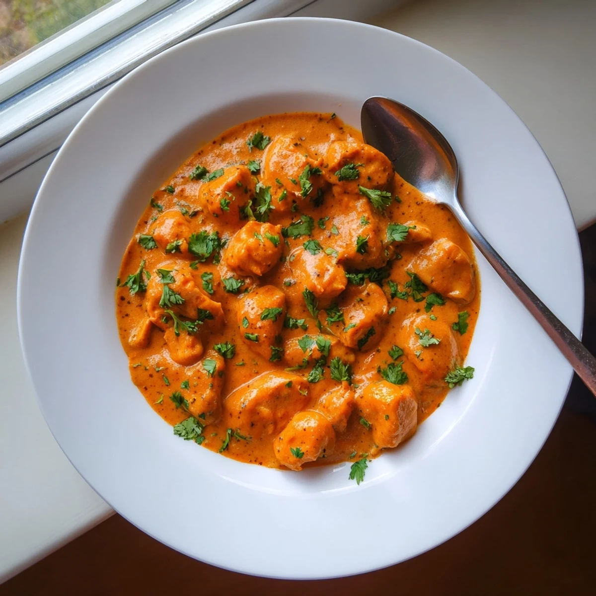 A close-up of golden, spiced butter chicken in a rich tomato sauce, garnished with fresh cilantro leaves.