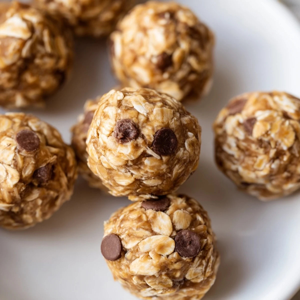 A close-up of No Bake Peanut Butter Energy Bites rolled into balls on a tray, with oats and chocolate chips visible, a perfect healthy snack for a quick energy boost.  