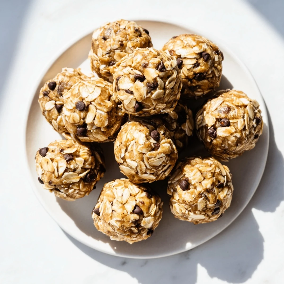 Overhead view of No Bake Peanut Butter Energy Bites on a rustic wooden table, surrounded by oats and peanut butter ingredients, ideal for American healthy snacking.