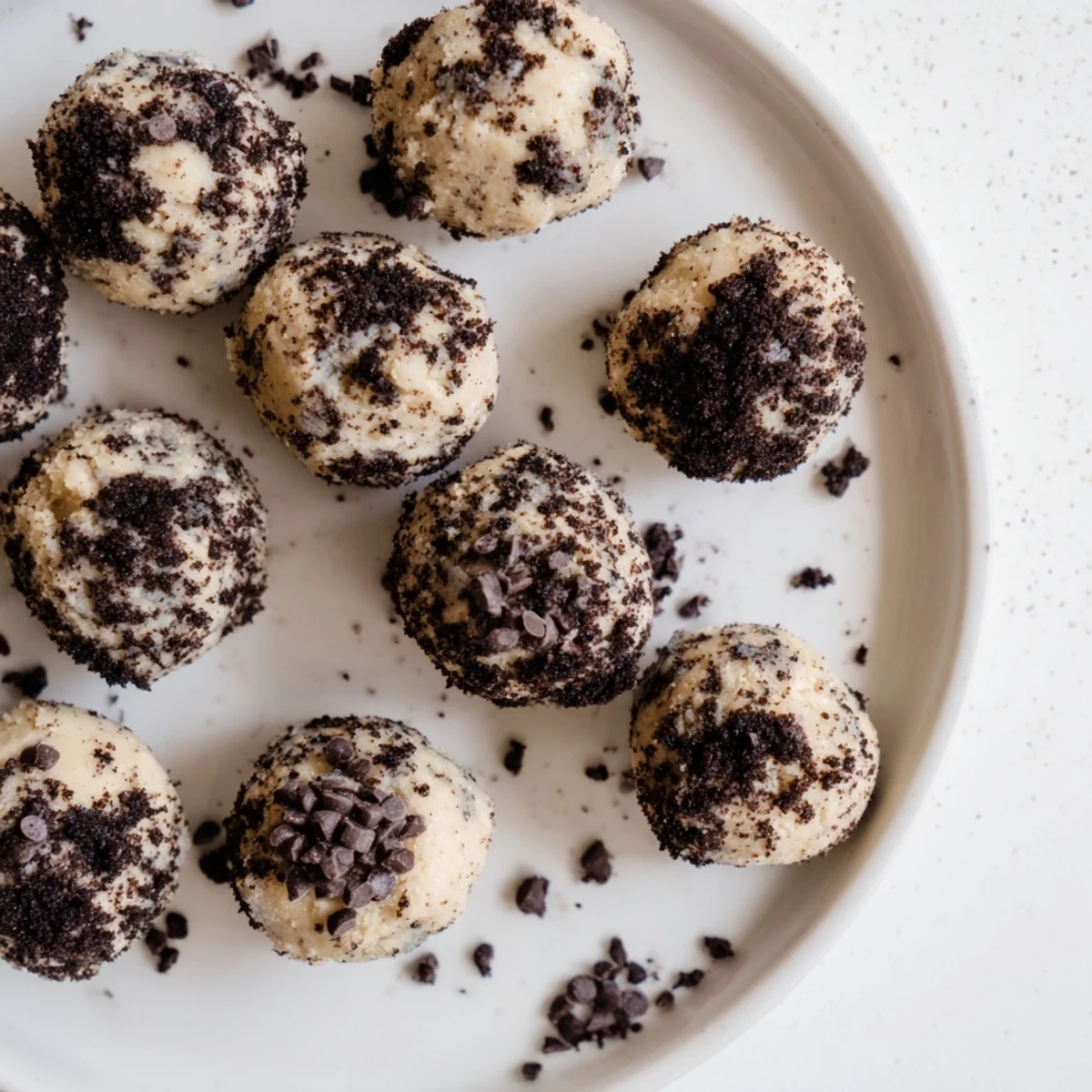 Fourteen Cream Cheese Oreo Protein Balls sit arranged on a white plate with crushed Oreo crumbs and a chocolate drizzle, a perfect post-workout treat.