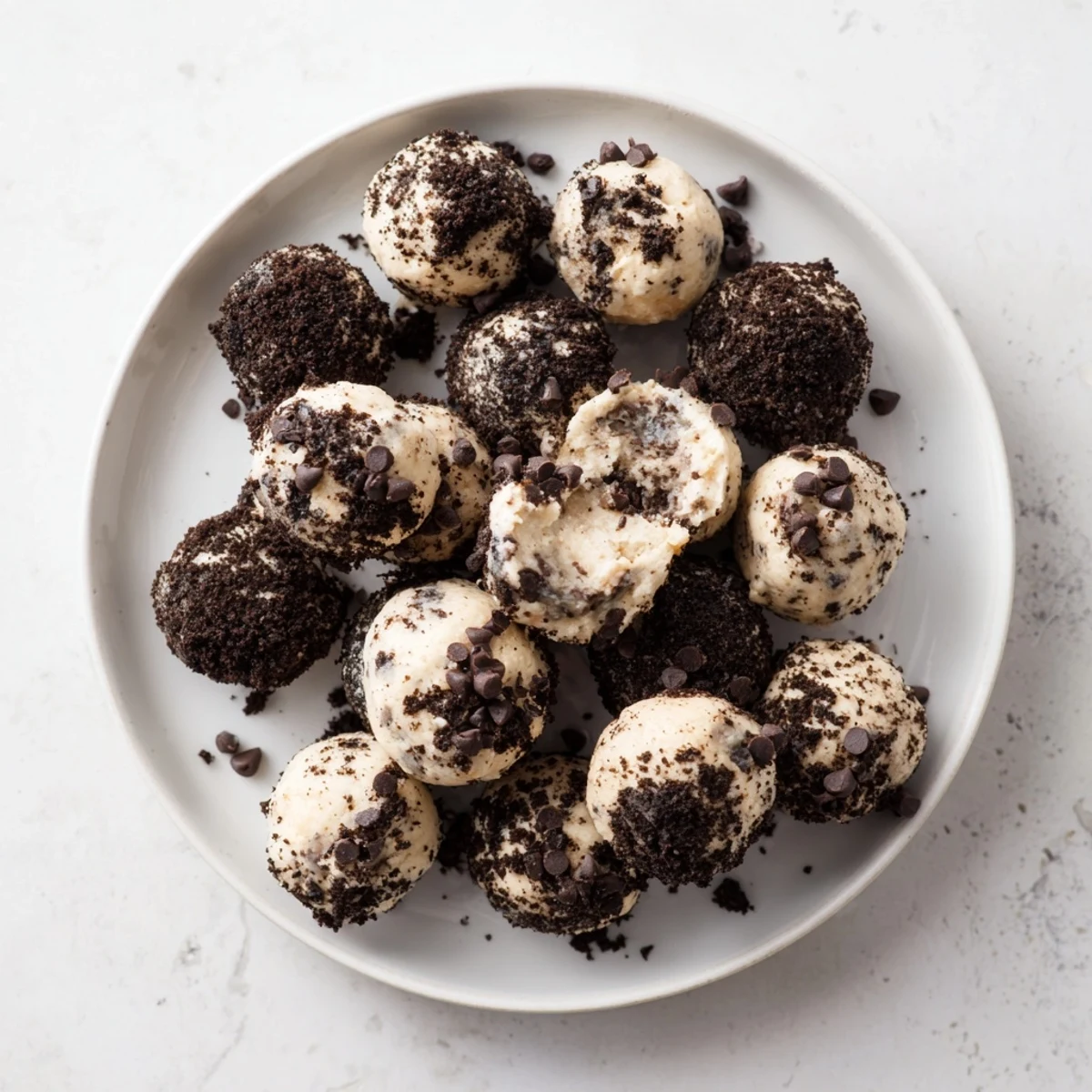 Delicious Cream Cheese Oreo Protein Balls displayed on a marble counter next to a glass of milk, perfect for a healthy dessert.