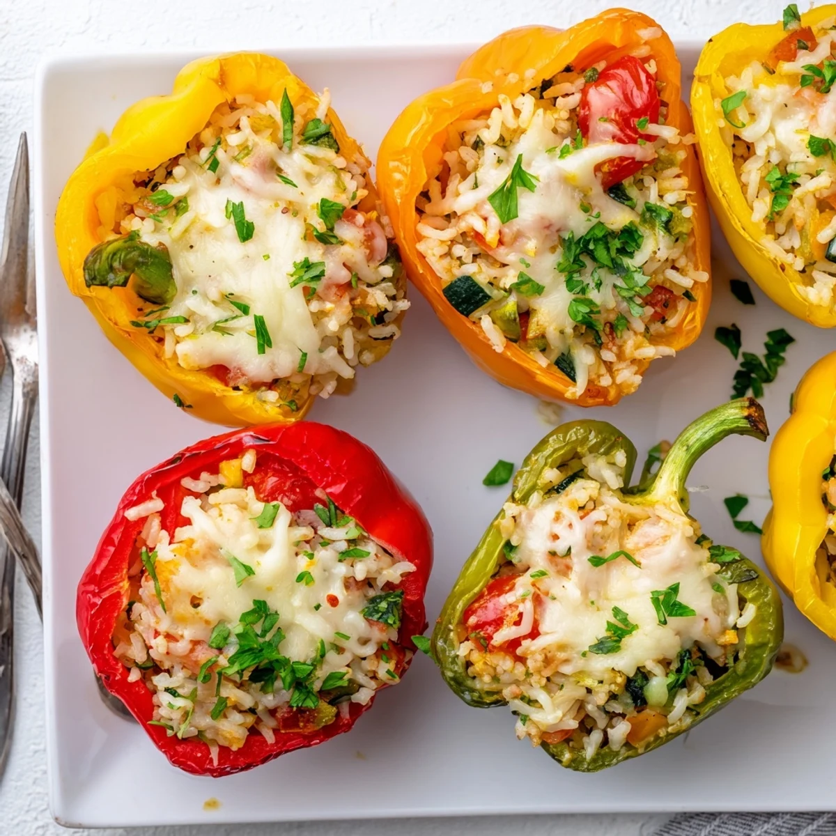 Tender bell peppers packed with Vegetarian Stuffed Bell Peppers filled with mozzarella, spinach, and tomatoes.