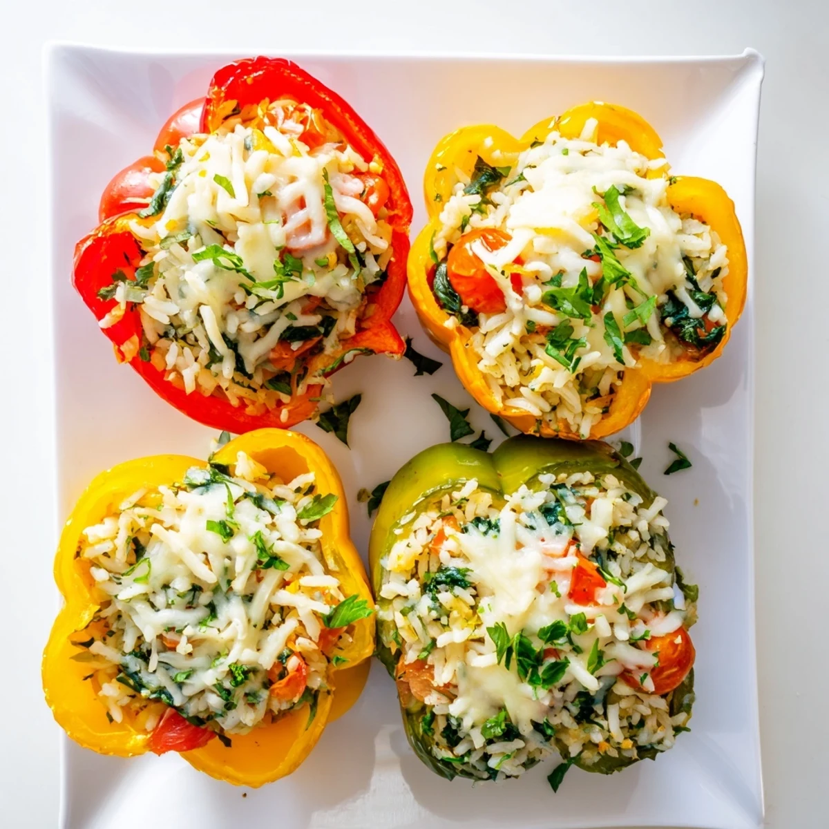 Golden-baked Vegetarian Stuffed Bell Peppers overflowing with cheesy rice and tender vegetables on a rustic plate.