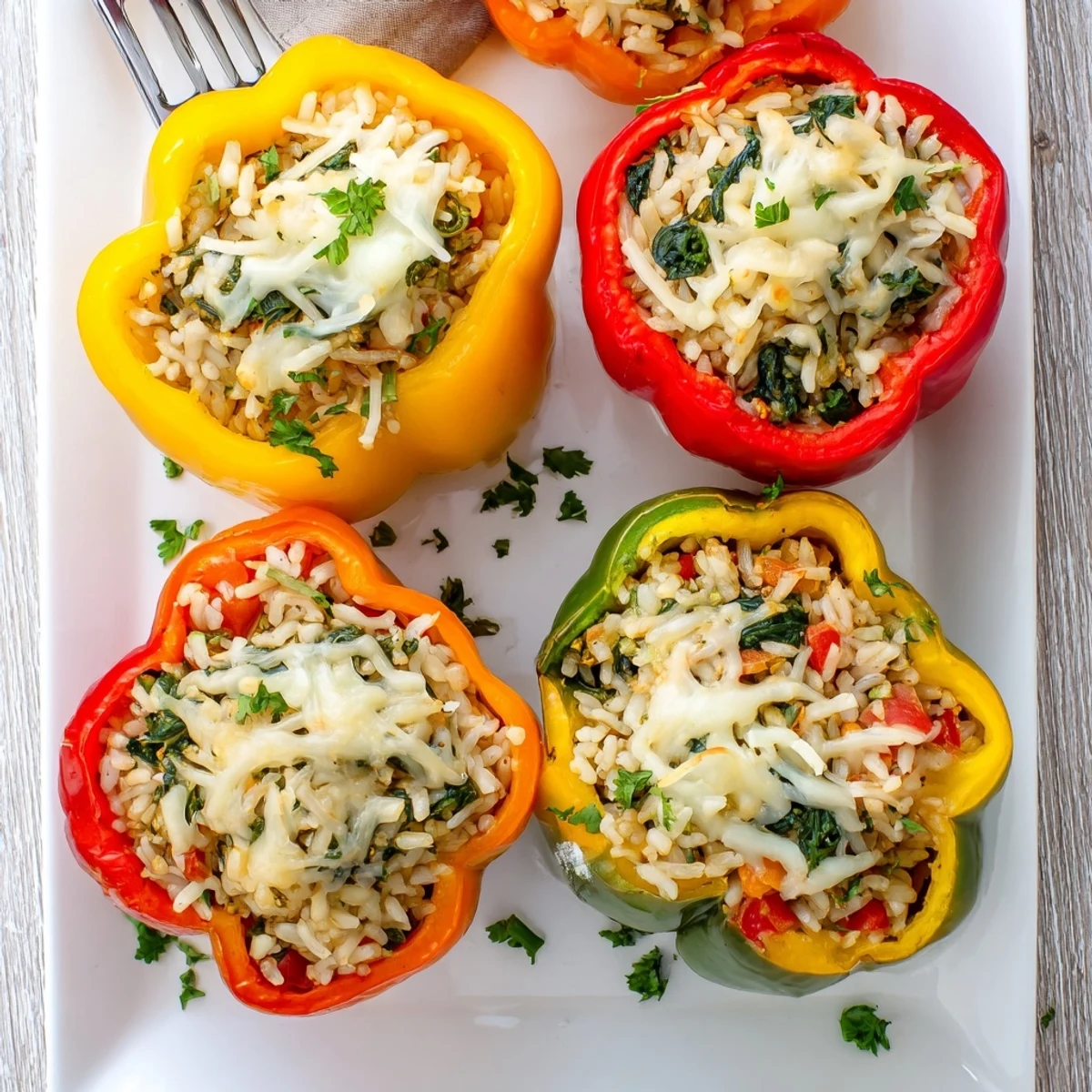 A close-up of Vegetarian Stuffed Bell Peppers topped with melted cheese and fresh parsley on a dinner plate.