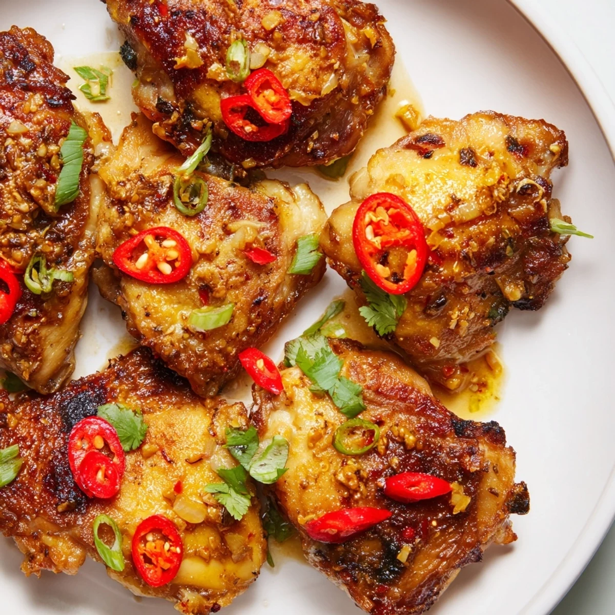 A close-up of tender Vietnamese Lemongrass Chicken garnished with fresh cilantro and sliced scallions, paired with a side of fluffy white rice.