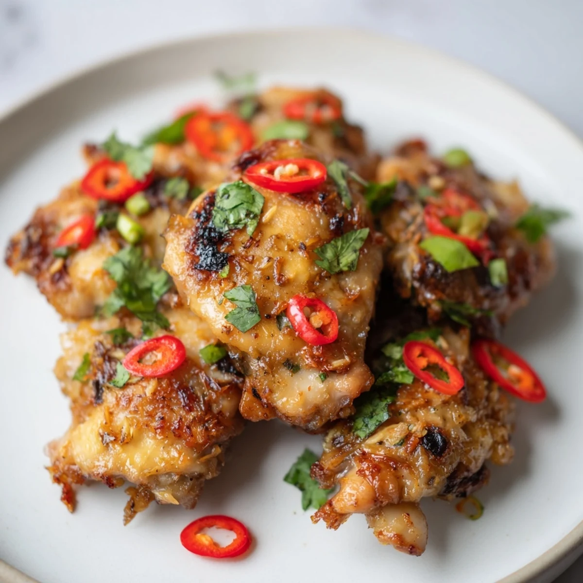 Golden-brown Vietnamese Lemongrass Chicken thighs sizzling in a pan with fragrant lemongrass and garlic aromas, ready to serve over steamed jasmine rice.