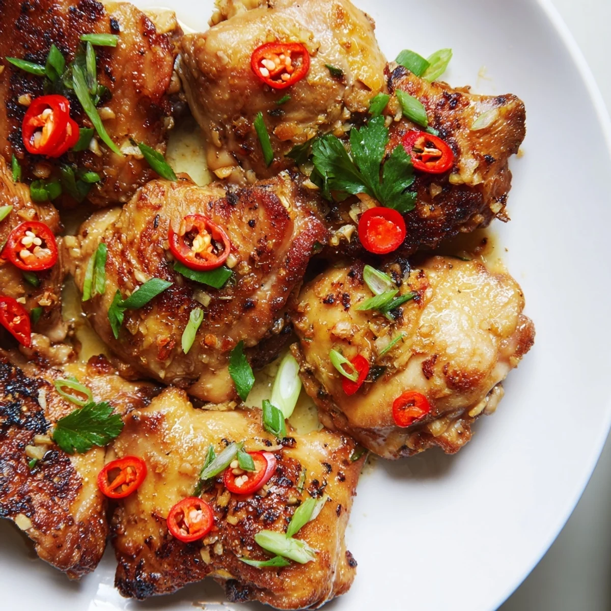 Vietnamese Lemongrass Chicken thighs pan-seared to perfection, with a savory glaze and garnish of red chili slices on a bed of vermicelli noodles.