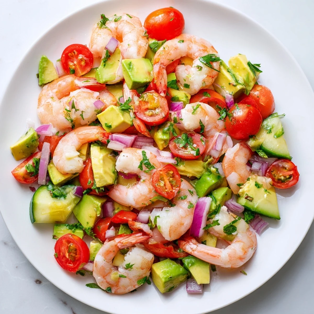 A close-up of Healthy Shrimp Avocado Salad with red onion and tomatoes, ready to serve over crisp lettuce leaves.