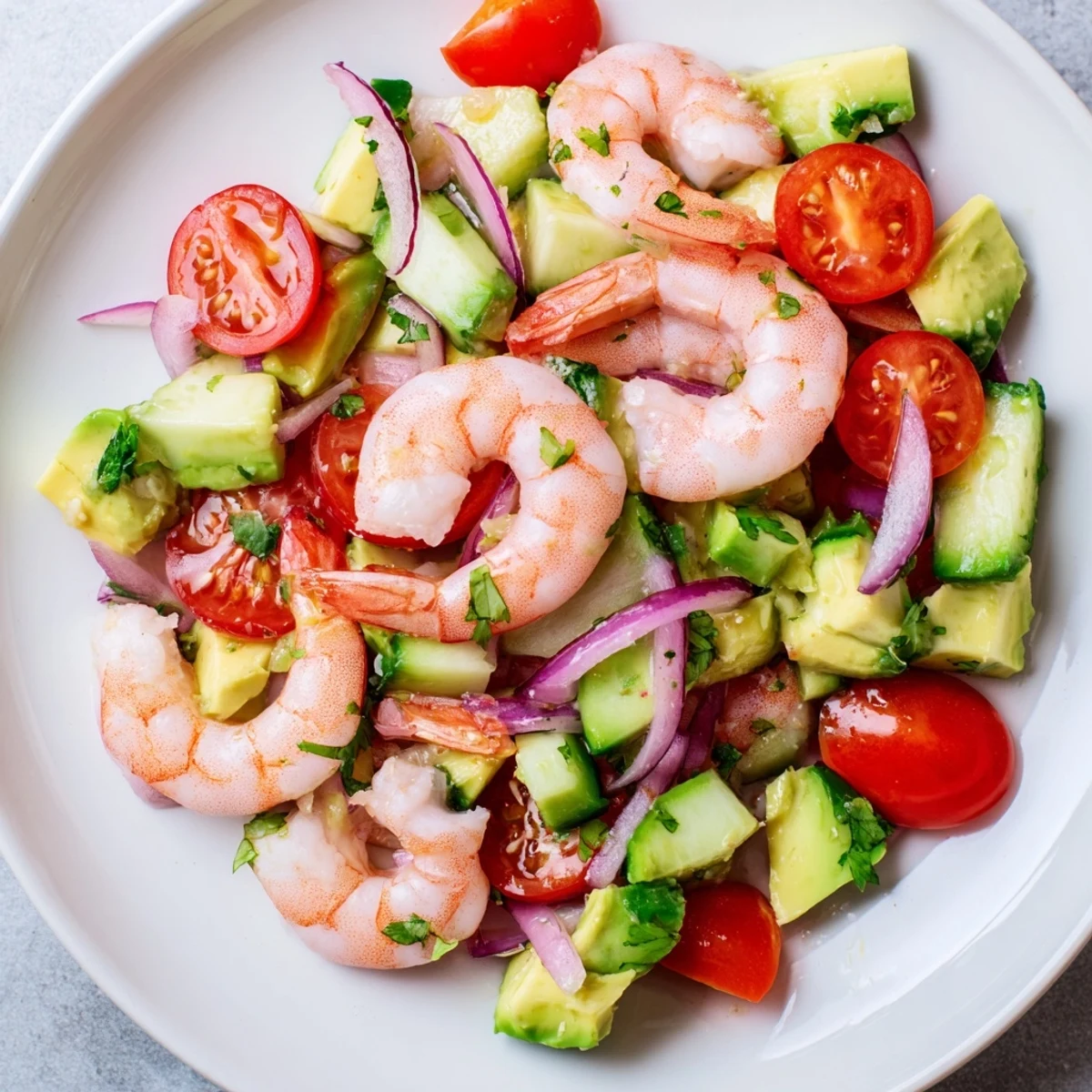 Garnished bowl of Healthy Shrimp Avocado Salad featuring bright cilantro, diced bell pepper, and juicy shrimp on a wooden table.