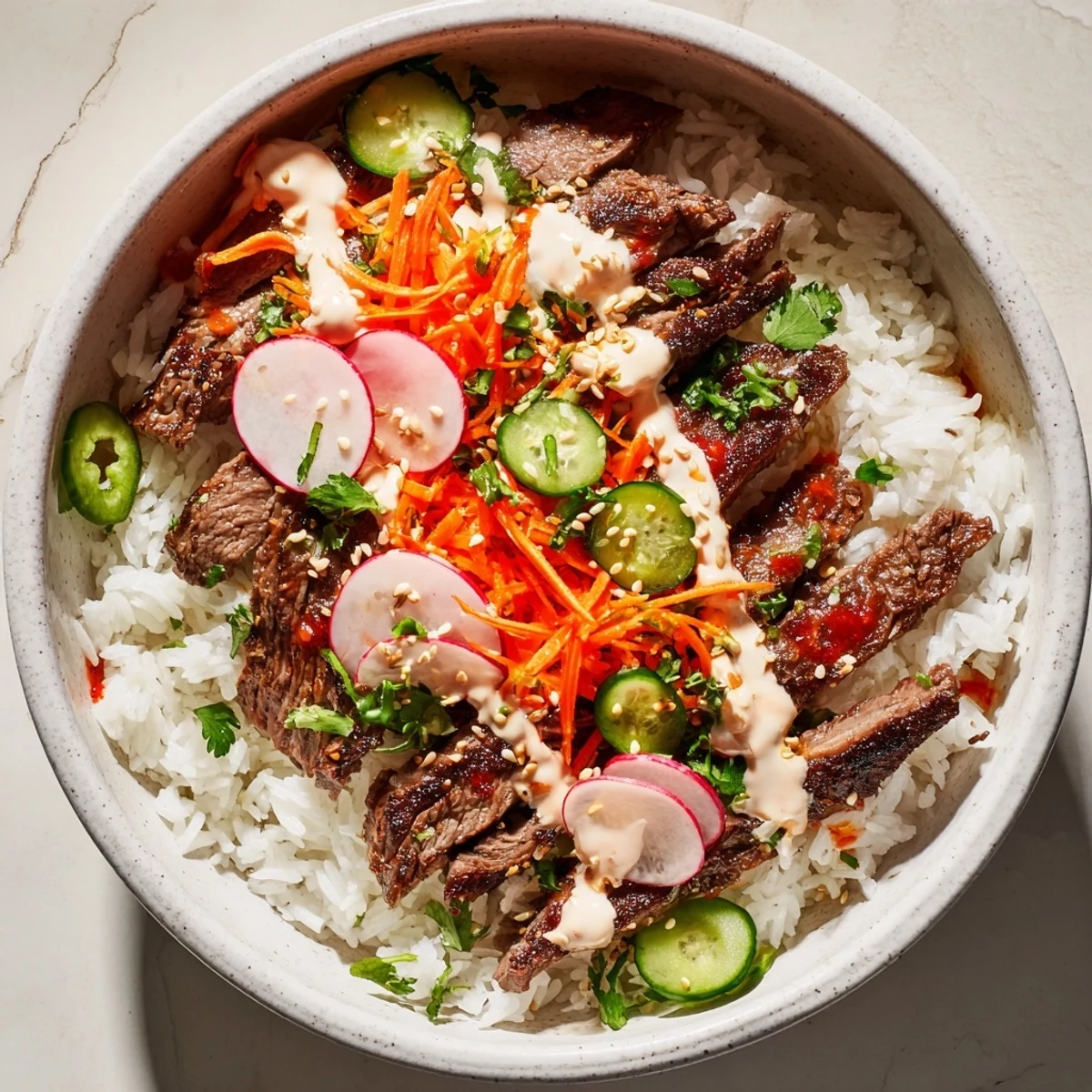 Steaming jasmine rice topped with Korean BBQ steak, crisp carrots, and creamy spicy sauce in a bowl.