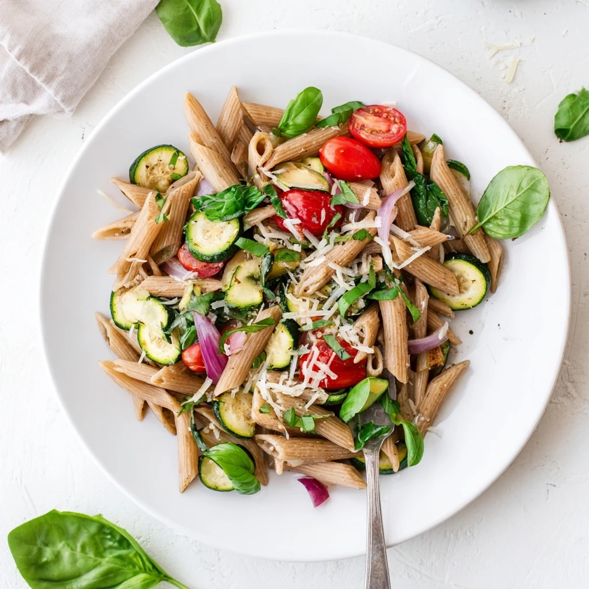 Vibrant Healthy Tomato Zucchini Pasta tossed with fresh spinach, aromatic basil, and olive oil, served warm in a rustic bowl.