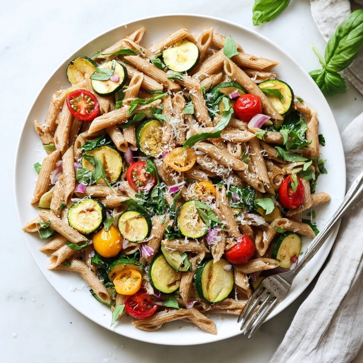 Close-up of Healthy Tomato Zucchini Pasta featuring tender whole wheat noodles, fresh herbs, and a sprinkle of Parmesan cheese.