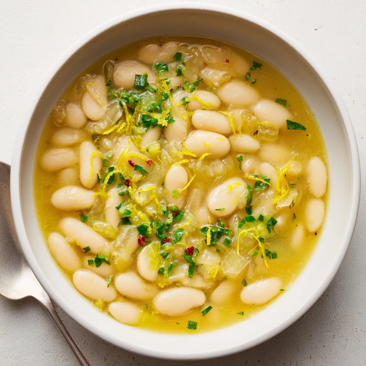 Creamy Miso Butter Brothy Beans in a rustic bowl, garnished with fresh parsley and lemon zest beside crusty bread.