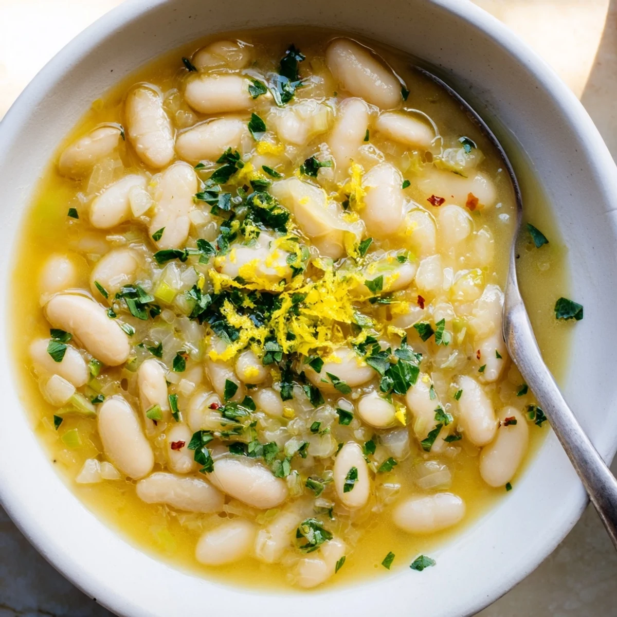 Hearty vegetarian Miso Butter Brothy Beans simmering in a white ceramic pot, ladle resting on the side.
