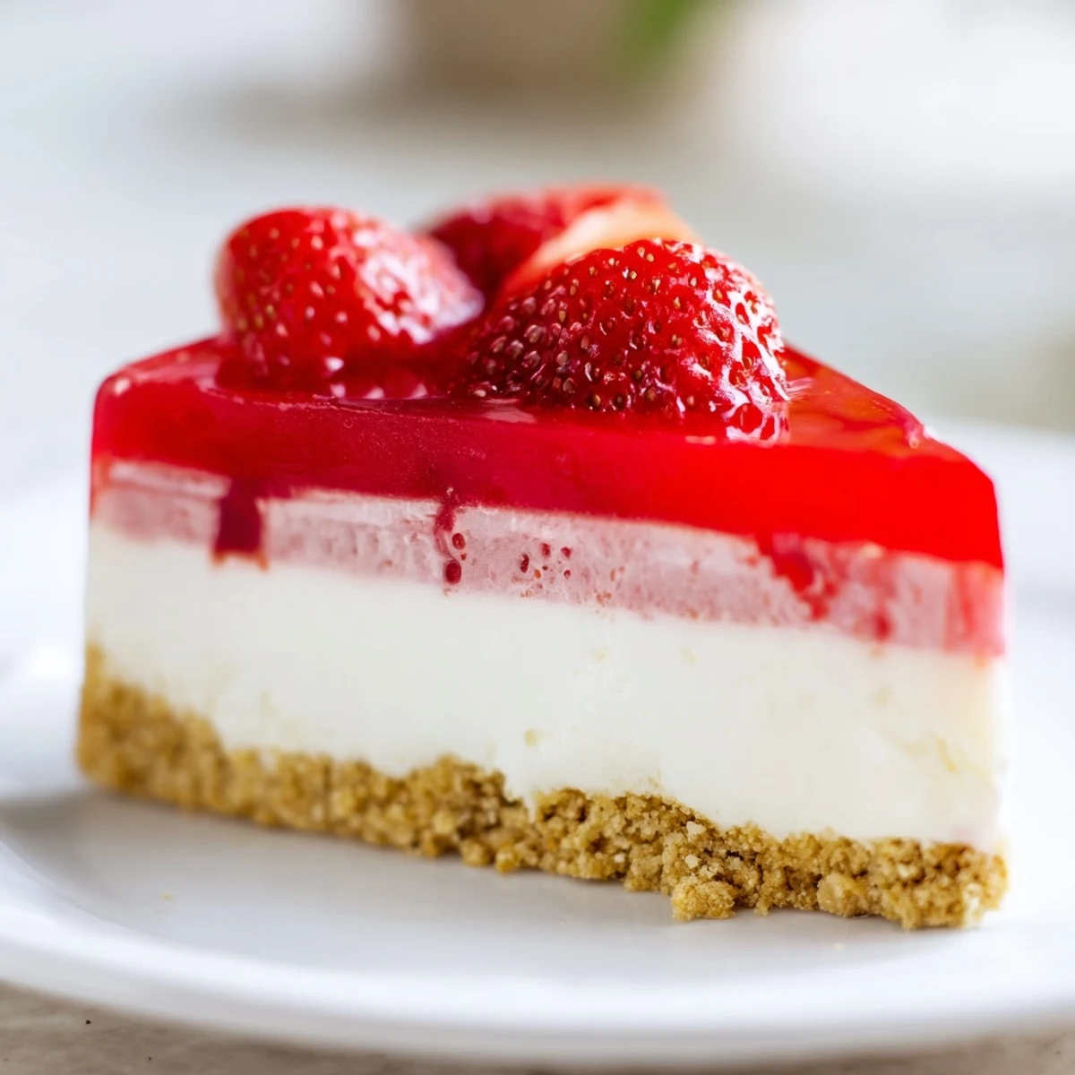 A slice of No Bake Greek Yogurt Jello Cheesecake reveals creamy filling and a glossy fruit layer on a buttery crust.
