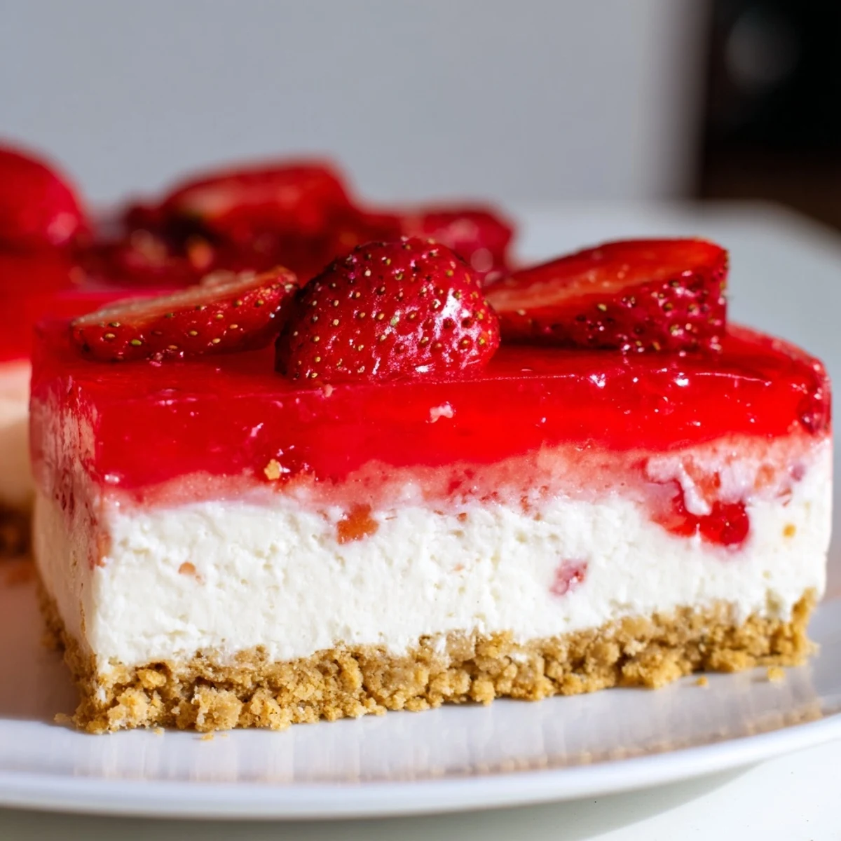 No Bake Greek Yogurt Jello Cheesecake is garnished with fresh strawberries and served chilled on a white dessert plate.