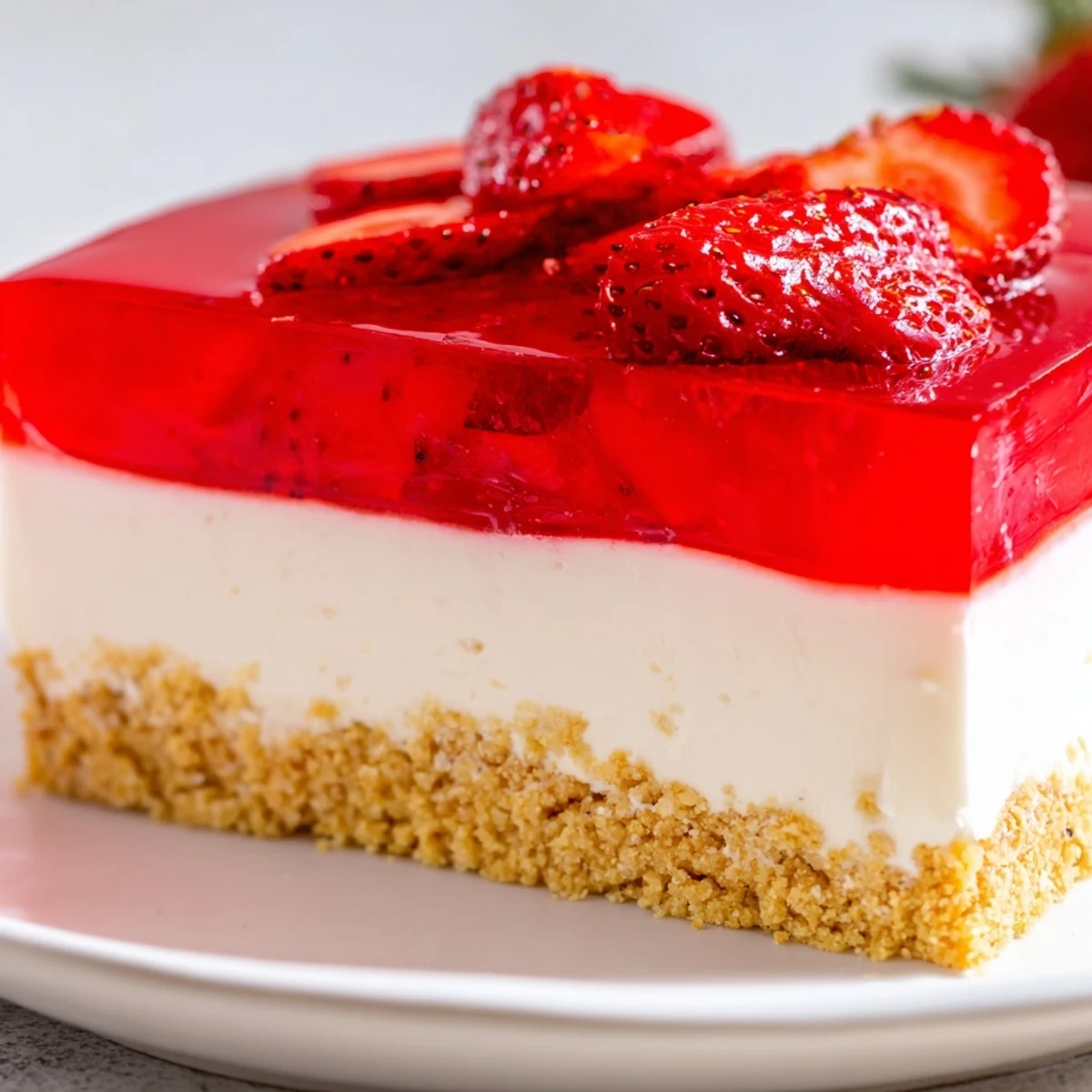 Overhead view shows the No Bake Greek Yogurt Jello Cheesecake in a springform pan with a smooth, wobbly top layer.