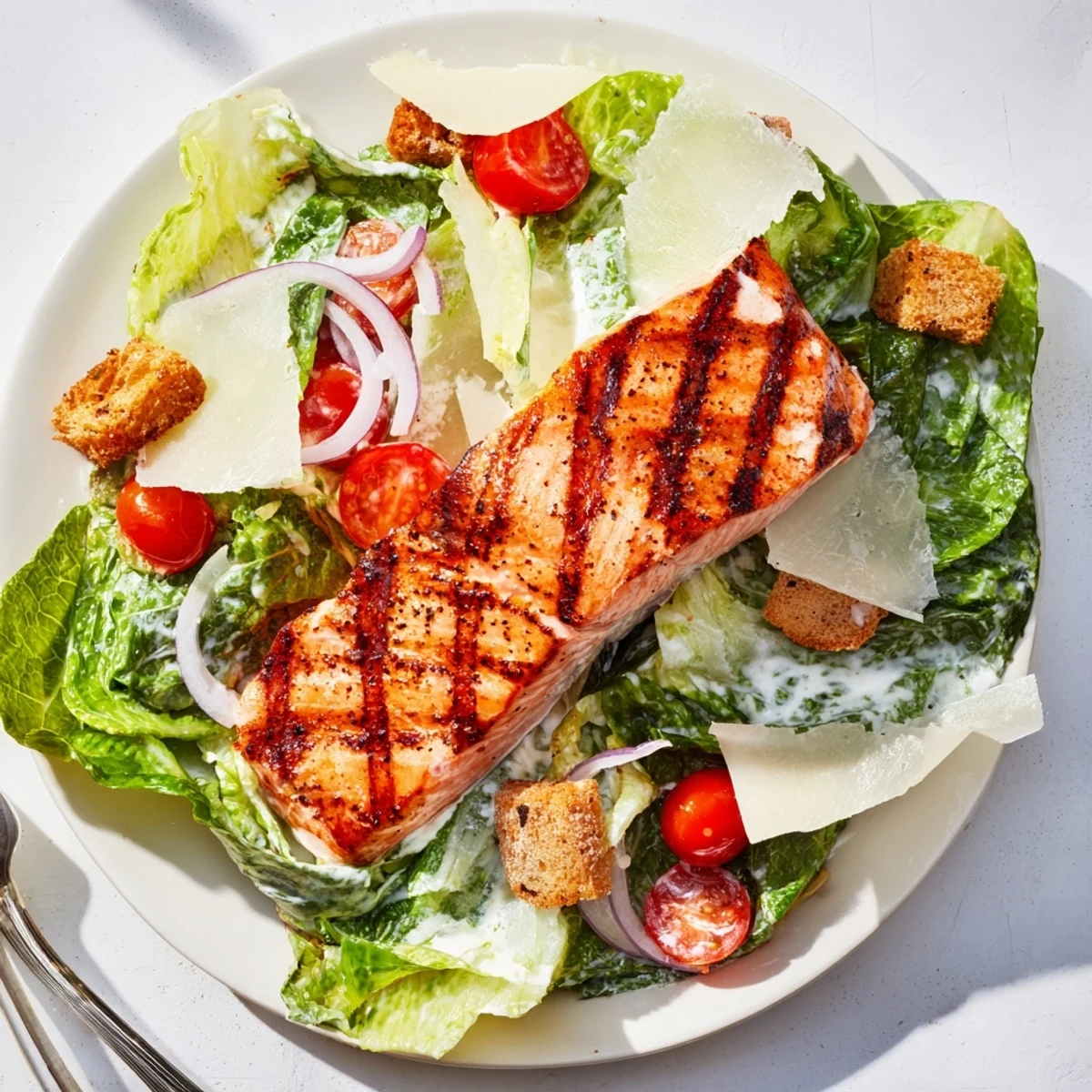 Freshly grilled salmon fillet rests atop a vibrant Salmon Caesar Salad with crisp romaine and crunchy croutons.