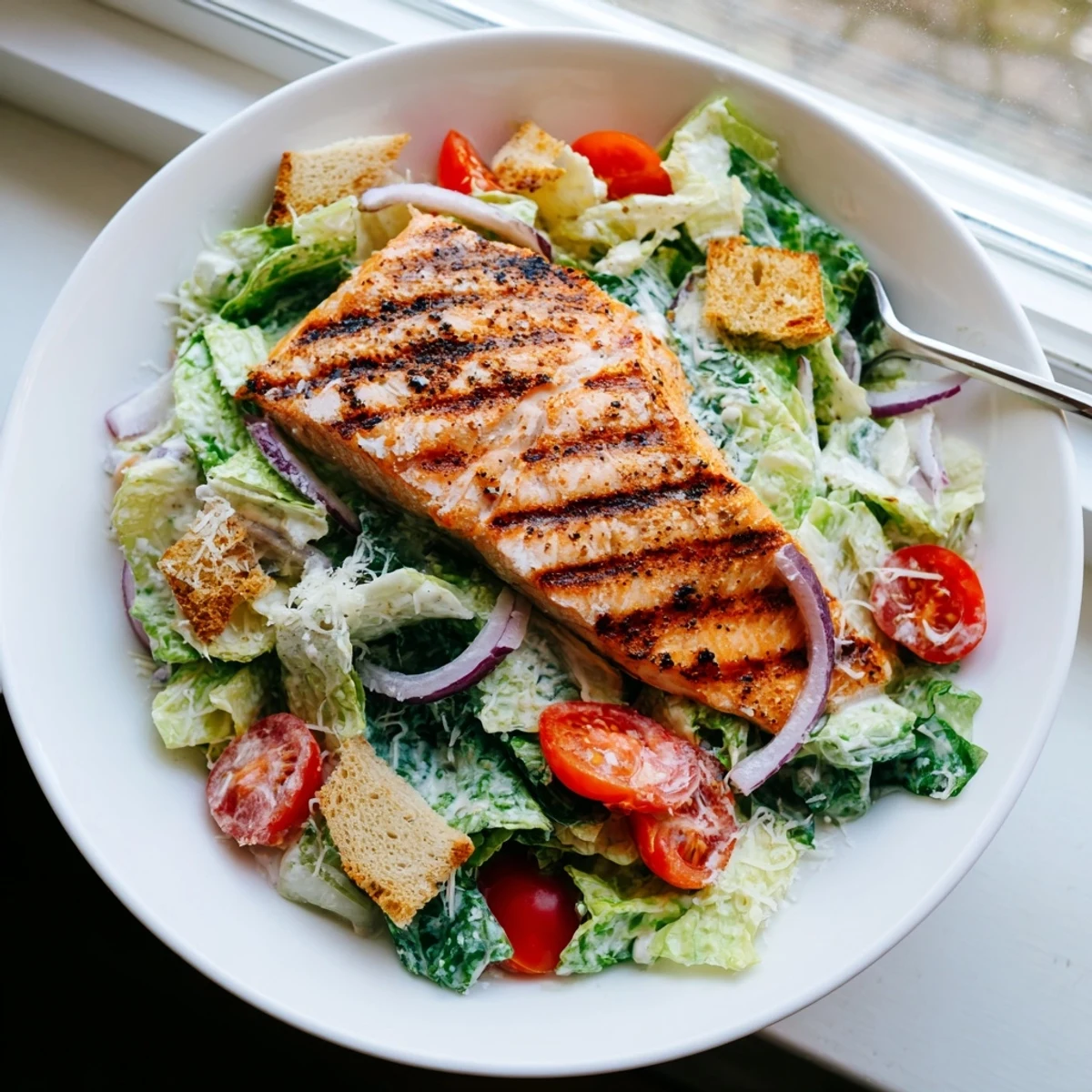 Plated Salmon Caesar Salad showcases grilled salmon, parmesan shavings, and bold Caesar dressing, perfect for a healthy dinner.
