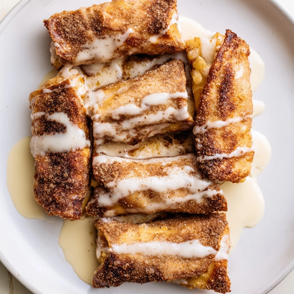 Golden fried Peach Cobbler Egg Rolls with vanilla glaze drizzled on a rustic plate beside fresh sliced peaches.