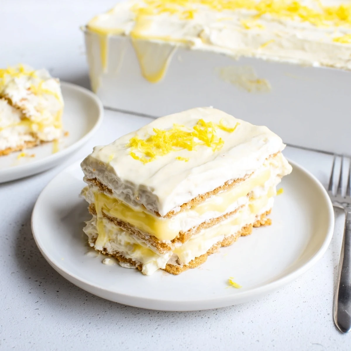 Creamy No Bake Lemon Eclair Cake with graham crackers and fresh lemon zest on a white plate.