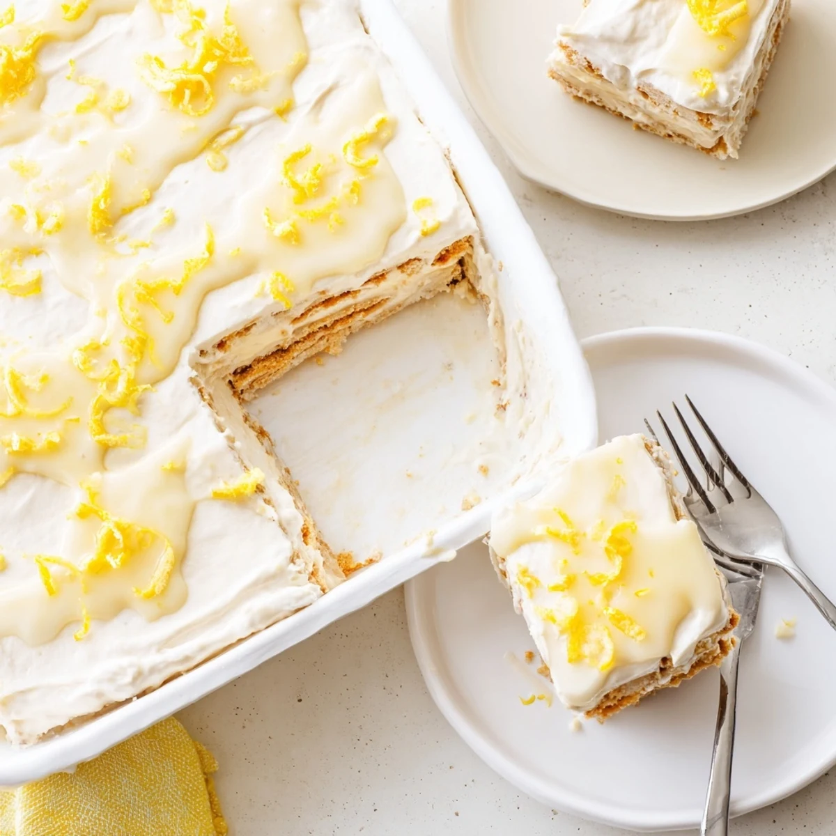 Chilled No Bake Lemon Eclair Cake slices topped with silky lemon glaze and fresh raspberries.