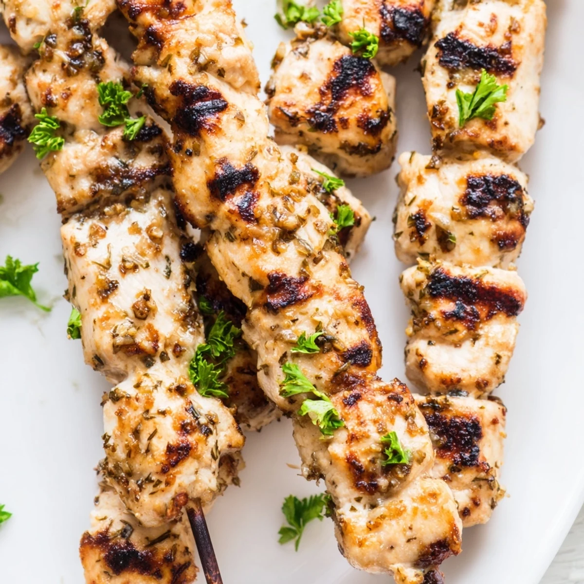 Grilled Ranch Garlic Parmesan Chicken Skewers with melted cheese and charred edges.  
