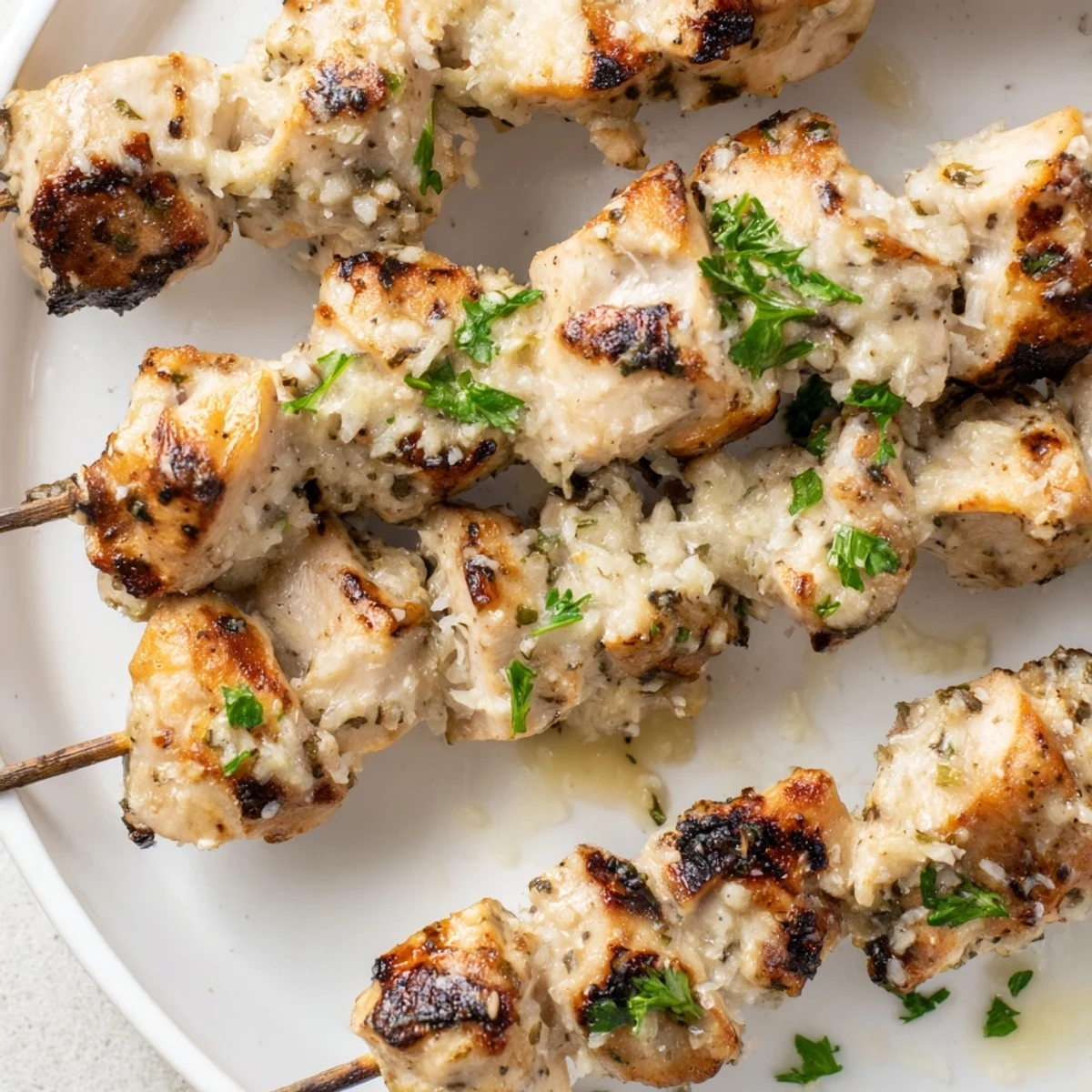 Ranch Garlic Parmesan Chicken Skewers served with lemon wedges and a cool ranch dip.