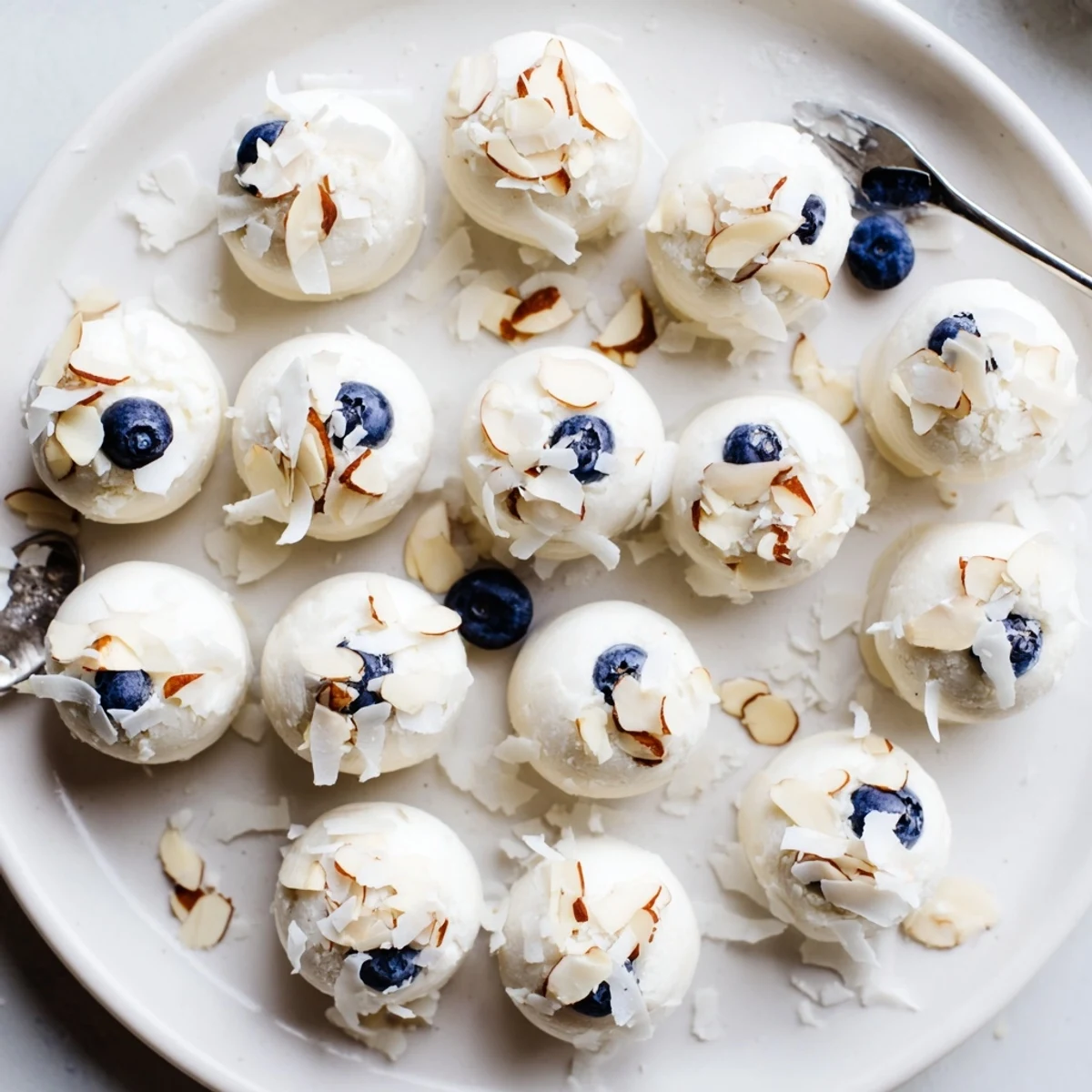 Blueberry Greek Yogurt Bites are displayed in a glass bowl with fresh berries nearby