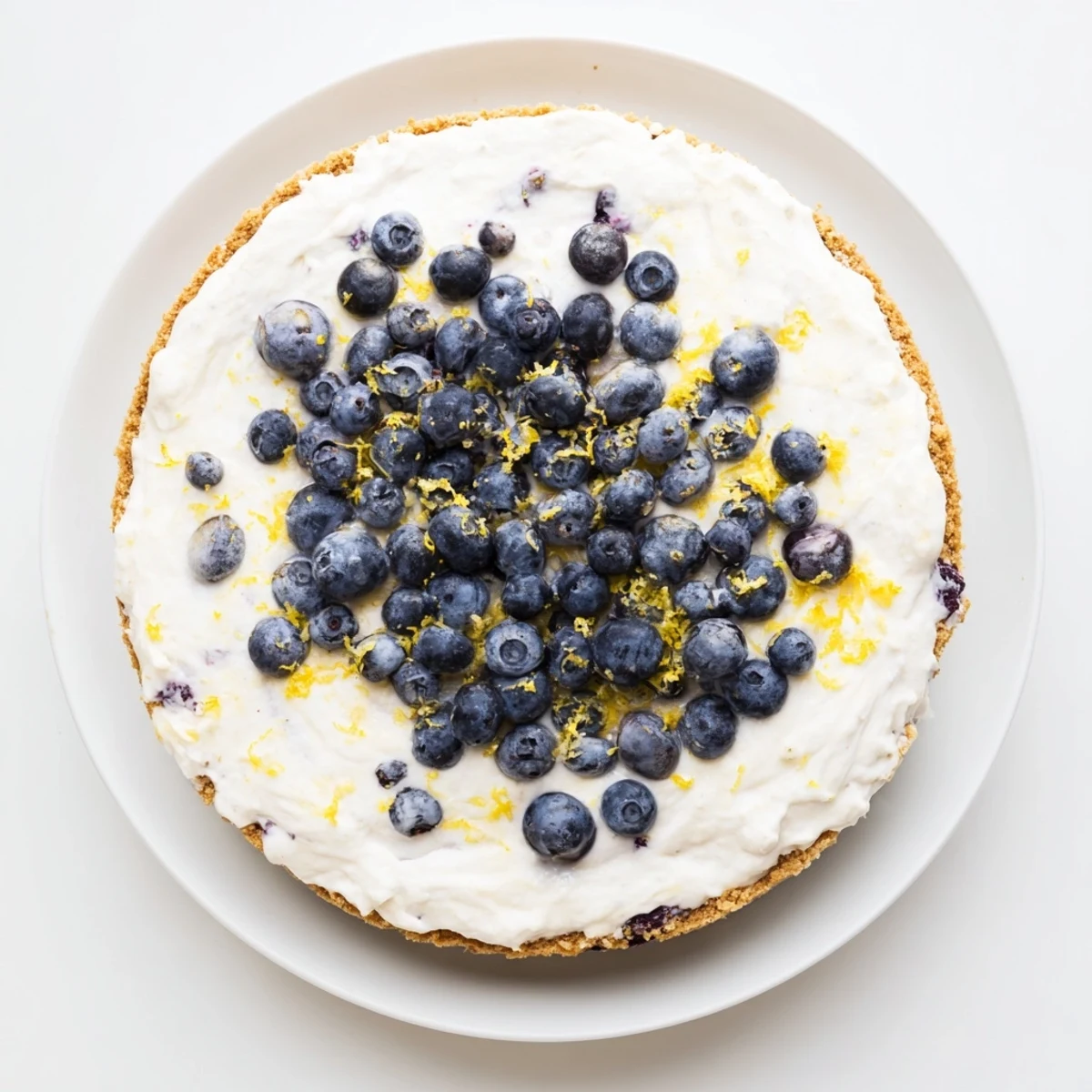 A refreshing No Bake Lemon Blueberry Cream Cake is topped with plump blueberries and a dusting of zesty lemon for summer gatherings.