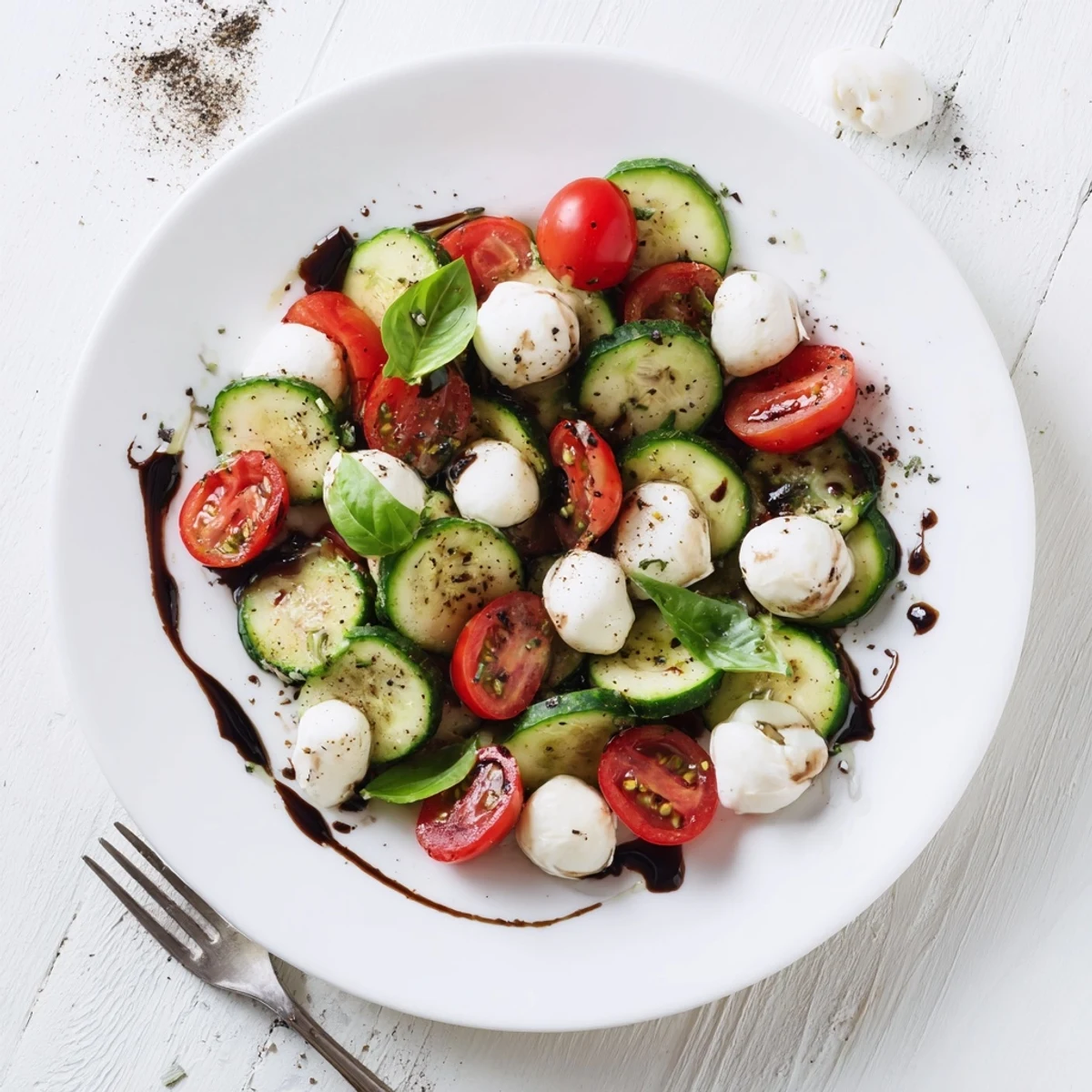 Juicy Cucumber Caprese Salad features ripe tomatoes, creamy mozzarella, and fragrant basil drizzled with balsamic dressing.