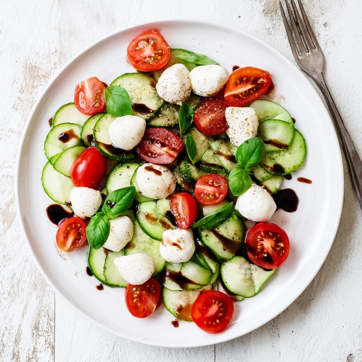Bright green cucumber slices and red cherry tomatoes mingle with torn basil and soft mozzarella in Juicy Cucumber Caprese Salad.