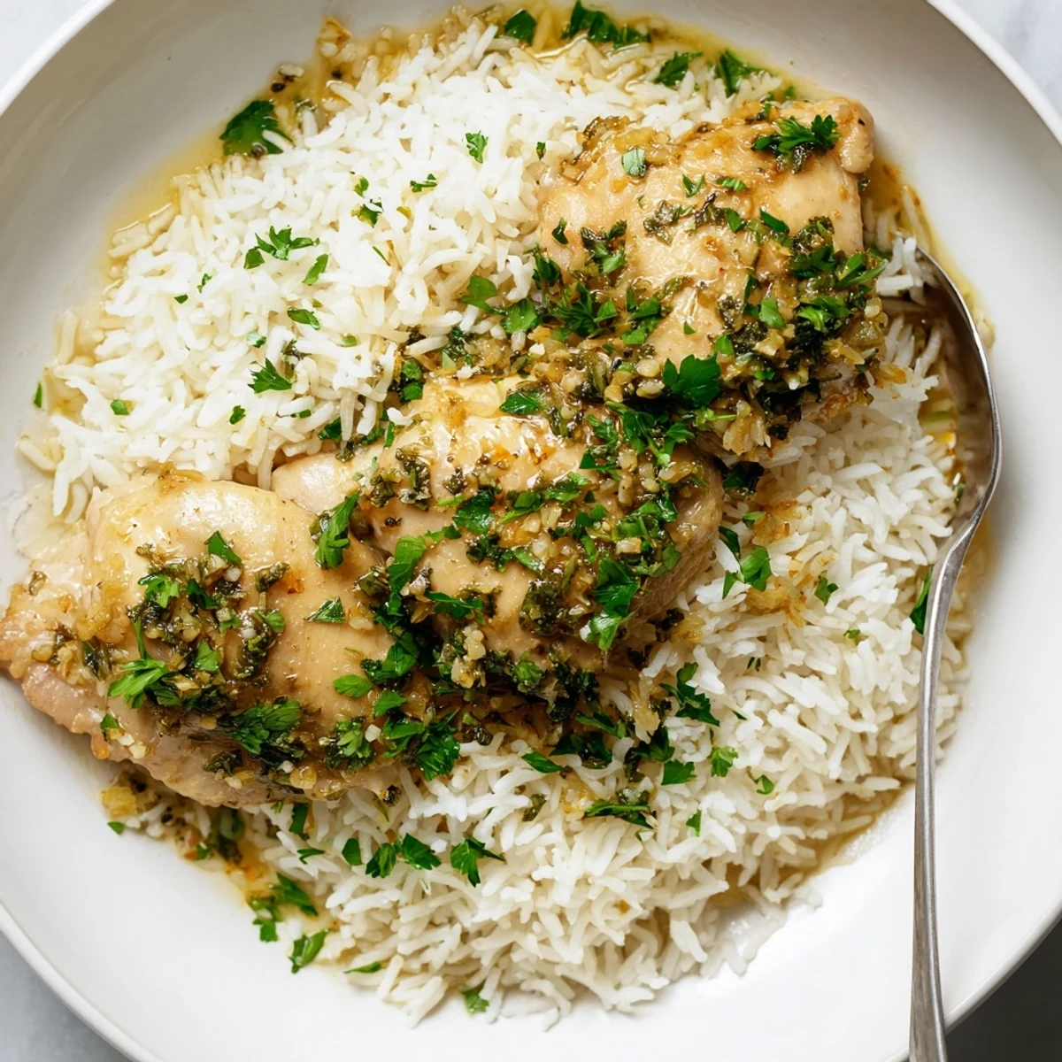 Tender slow cooker lemon herb chicken served over buttery rice with a lemon wedge and fresh herbs.