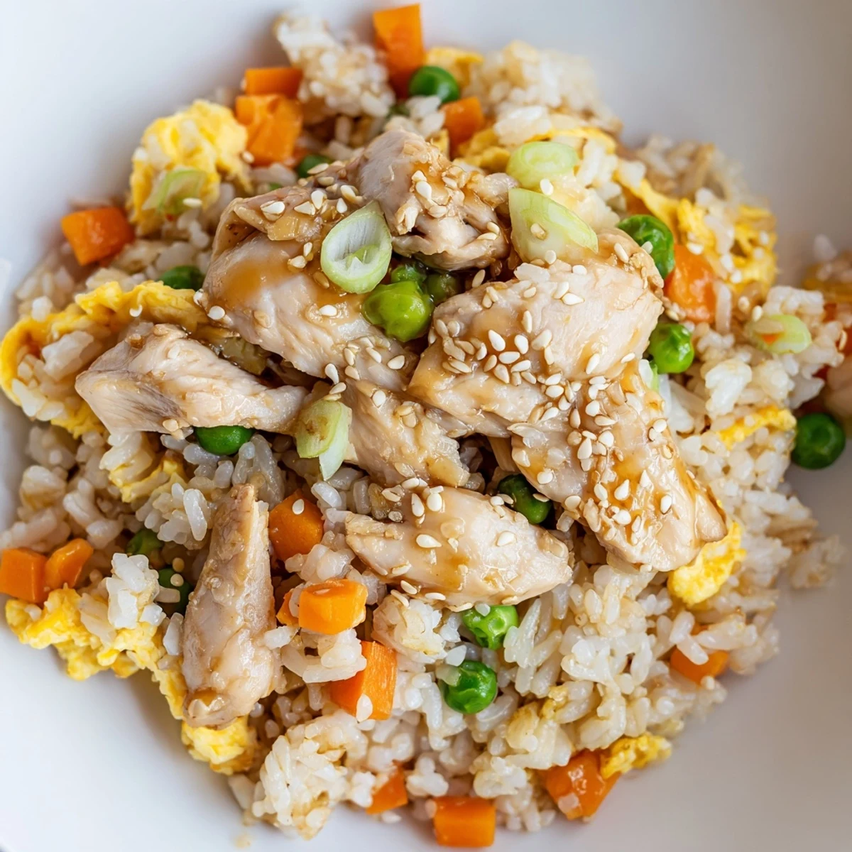 Golden chicken fried rice with colorful vegetables and ribbons of sliced egg omelette on top