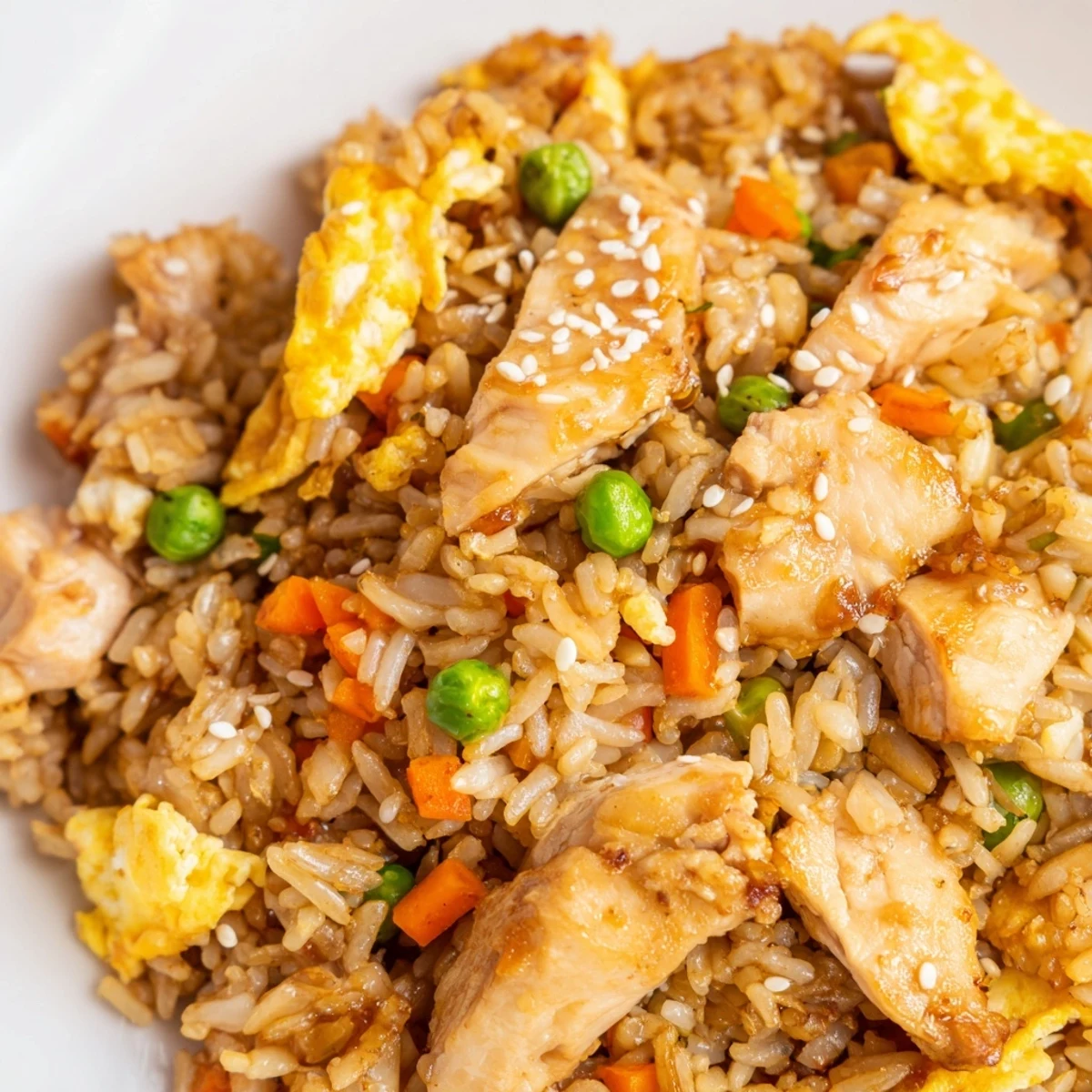 Steaming plate of Asian-style chicken fried rice garnished with scallions and delicate egg ribbons
