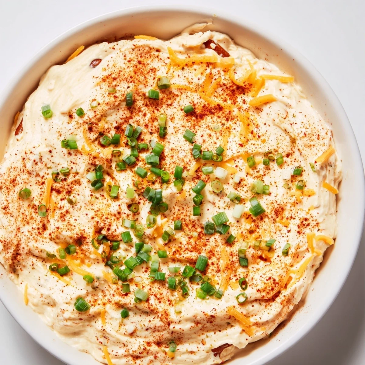 Golden bowl of cheesy savory pretzel dip sprinkled with green onions for parties