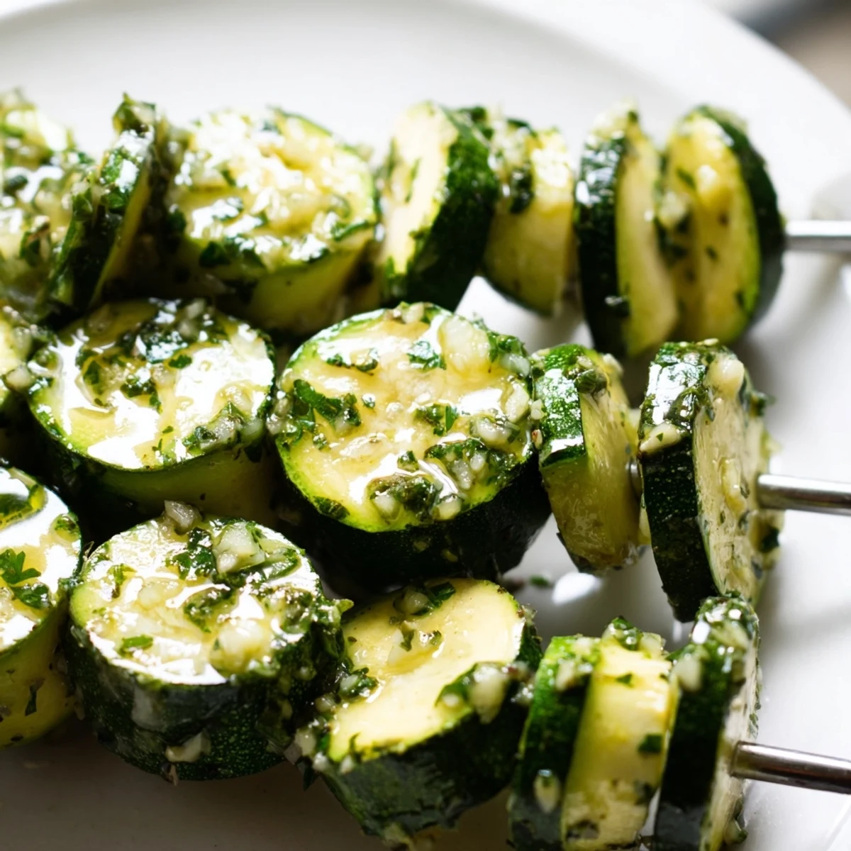 Golden grilled zucchini skewers brushed with savory garlic butter and fresh parsley garnish