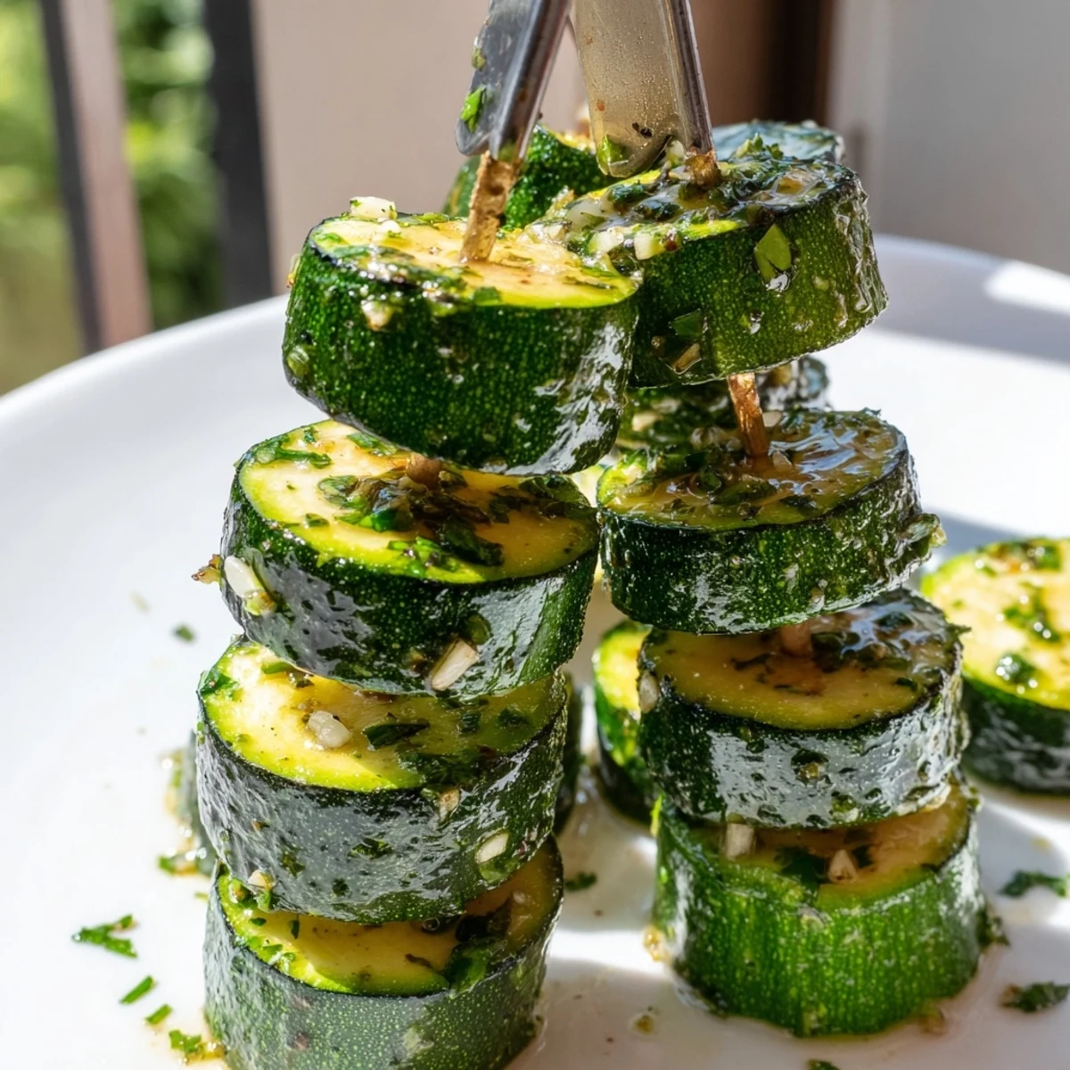 Tender easy garlic butter zucchini skewers with charred grill marks and melted herb coating