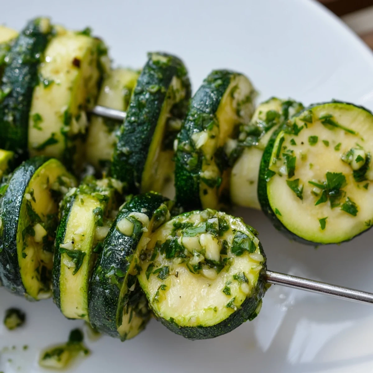 Vegetarian grilled zucchini rounds on wooden skewers basted in rich buttery garlic glaze