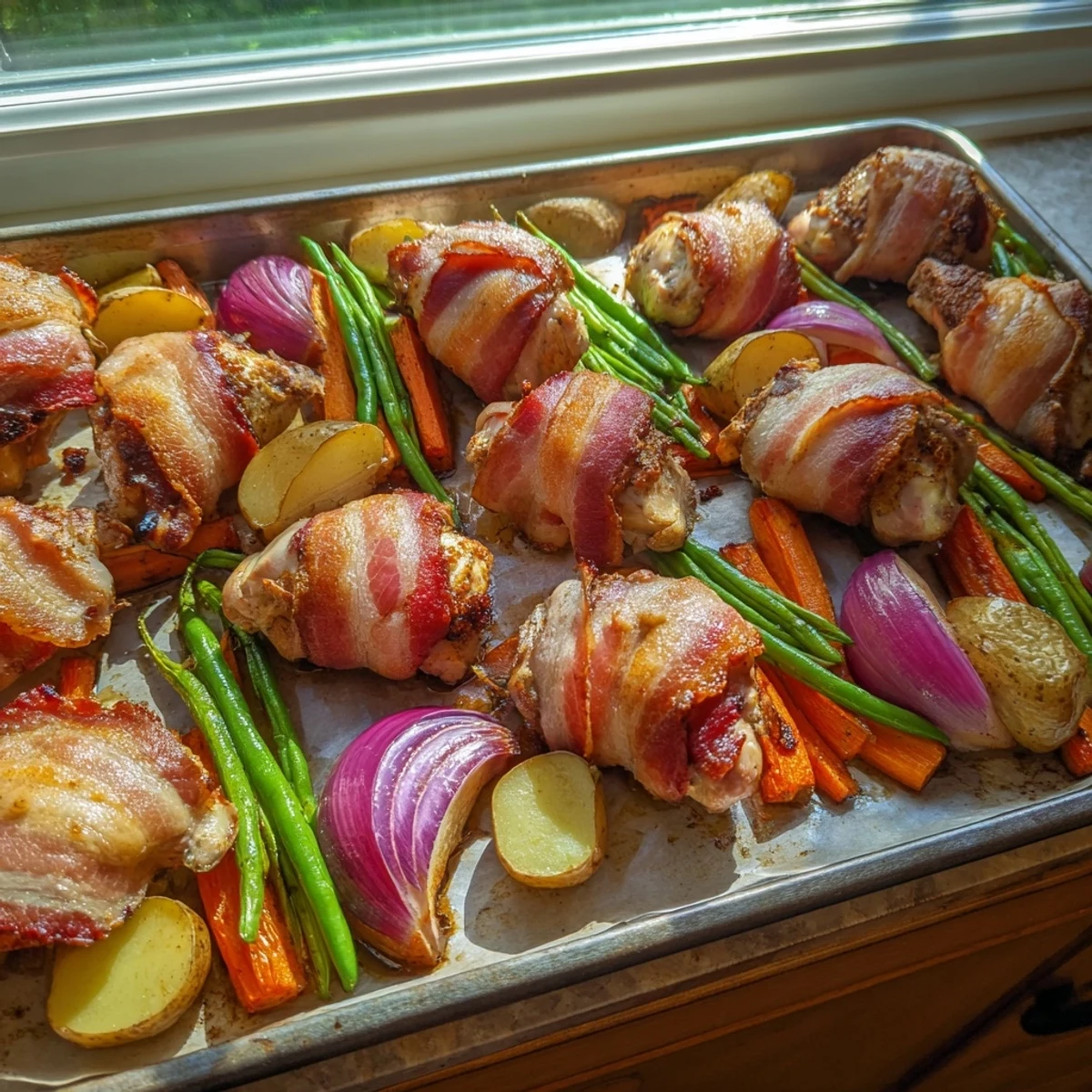 Golden brown bacon wrapped chicken thighs roasted with colorful vegetables on a large baking sheet