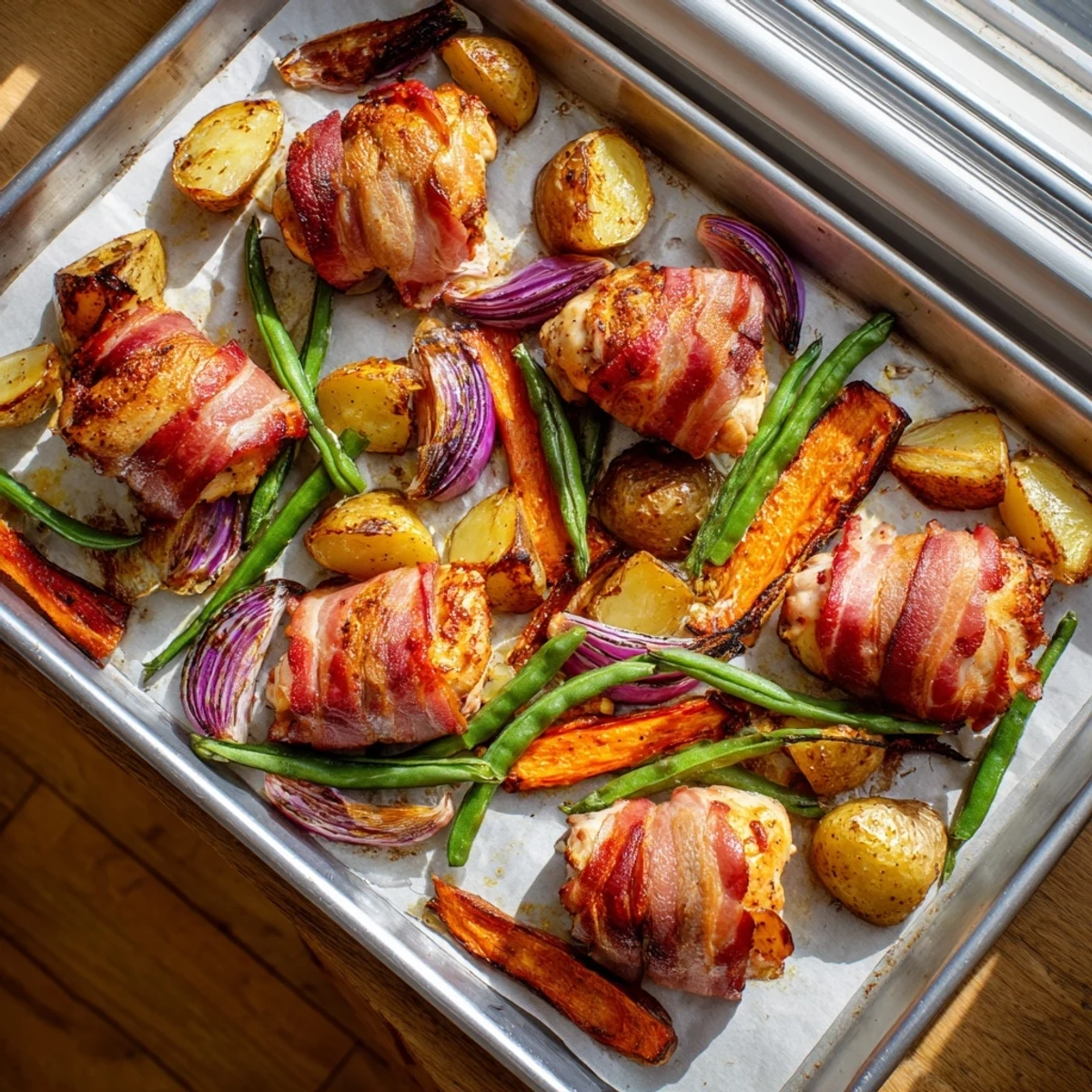 Oven-baked bacon wrapped chicken thighs served family style with tender root vegetables and fresh green beans