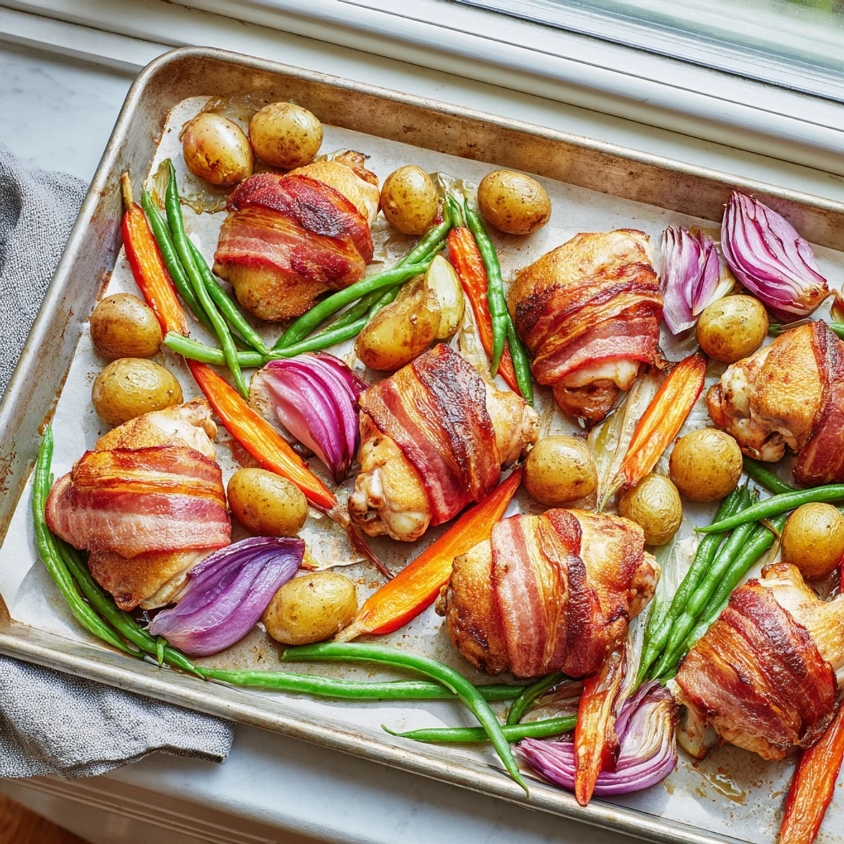Crispy bacon encircles juicy chicken thighs atop roasted potatoes, carrots, and green beans in this hearty tray bake