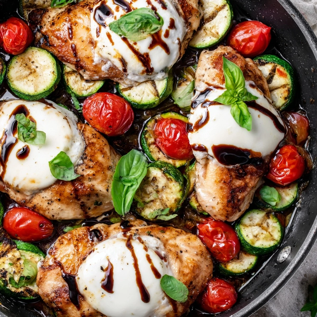 One-pan Caprese chicken skillet featuring bubbling cheese and fresh basil over tender vegetables