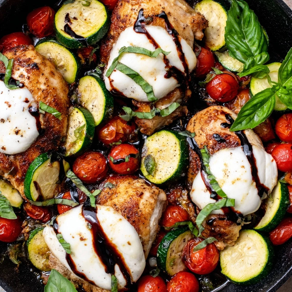 Golden pan-seared chicken breasts topped with melted mozzarella alongside zucchini and cherry tomatoes