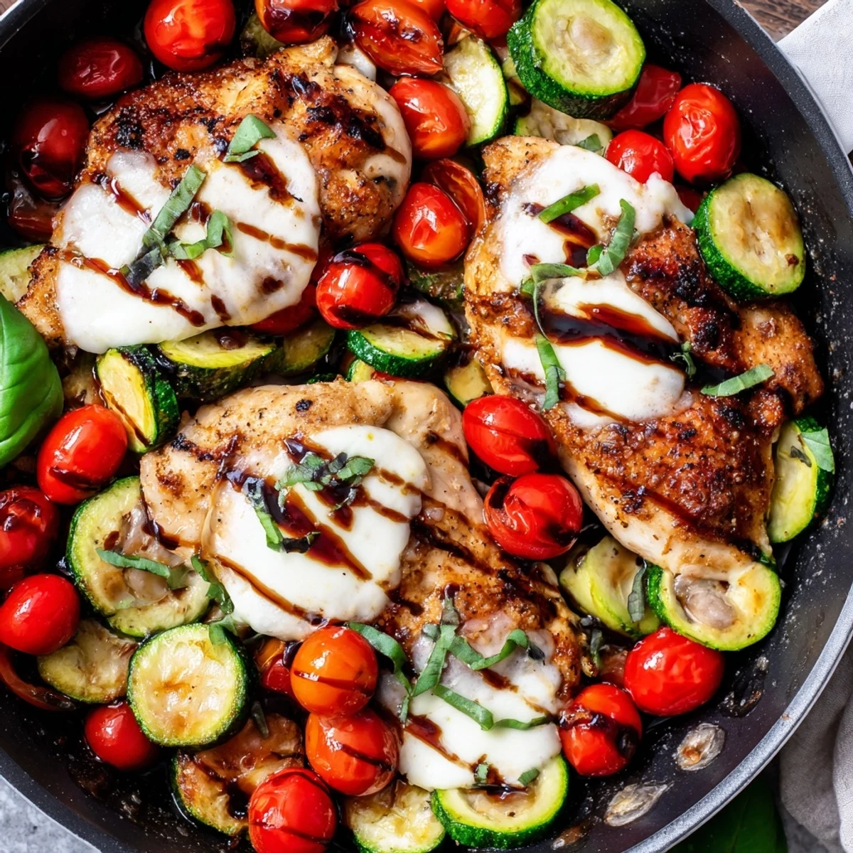 Italian-inspired chicken and zucchini dish drizzled with balsamic glaze and garnished with basil