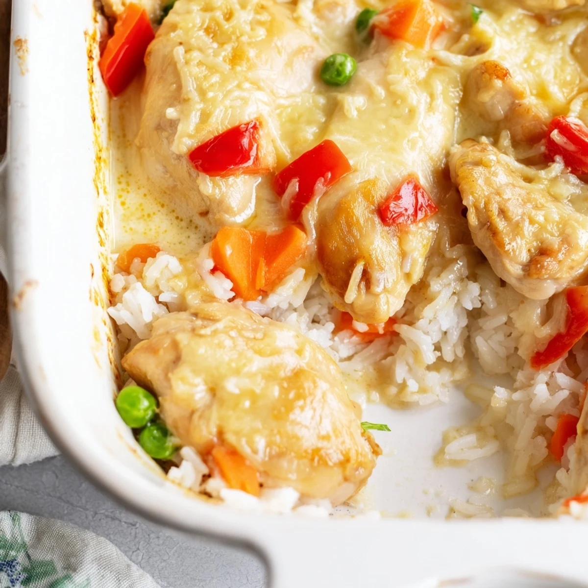 Golden cheesy Macau style baked Portuguese chicken rice with bubbling coconut sauce and colorful vegetables