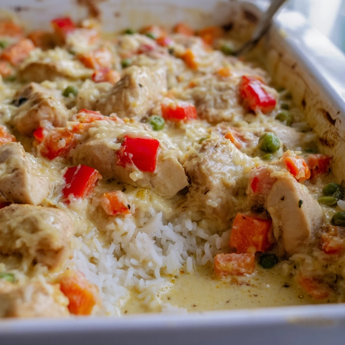 Baked Portuguese chicken rice casserole with melted mozzarella, creamy curry coconut sauce and tender chicken