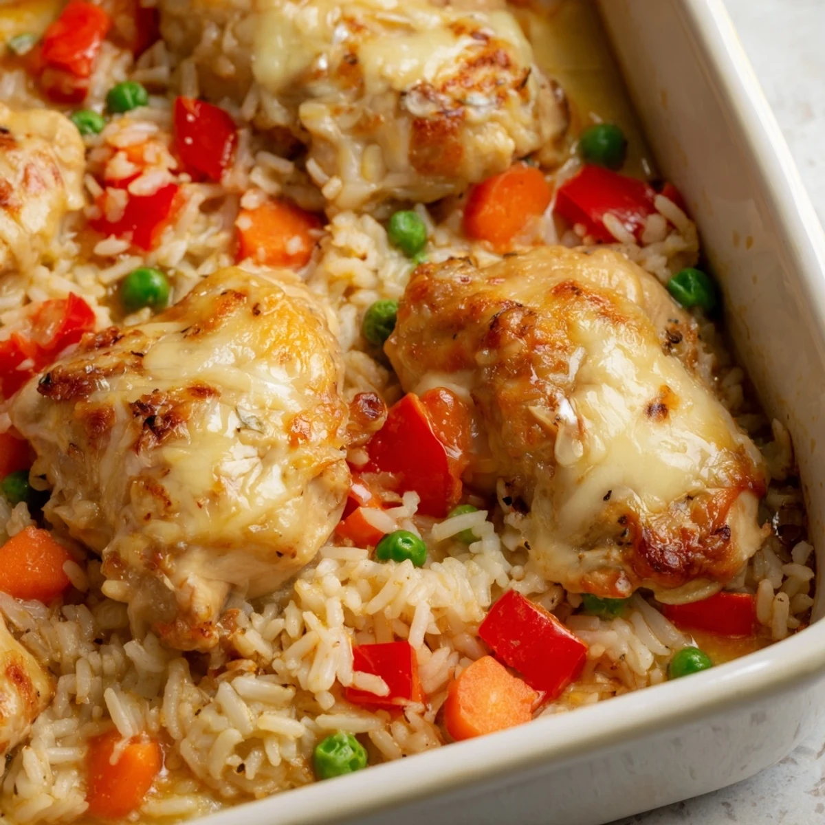 Crispy topped Macau style baked Portuguese chicken rice featuring golden cheese, savory spices and fluffy jasmine rice